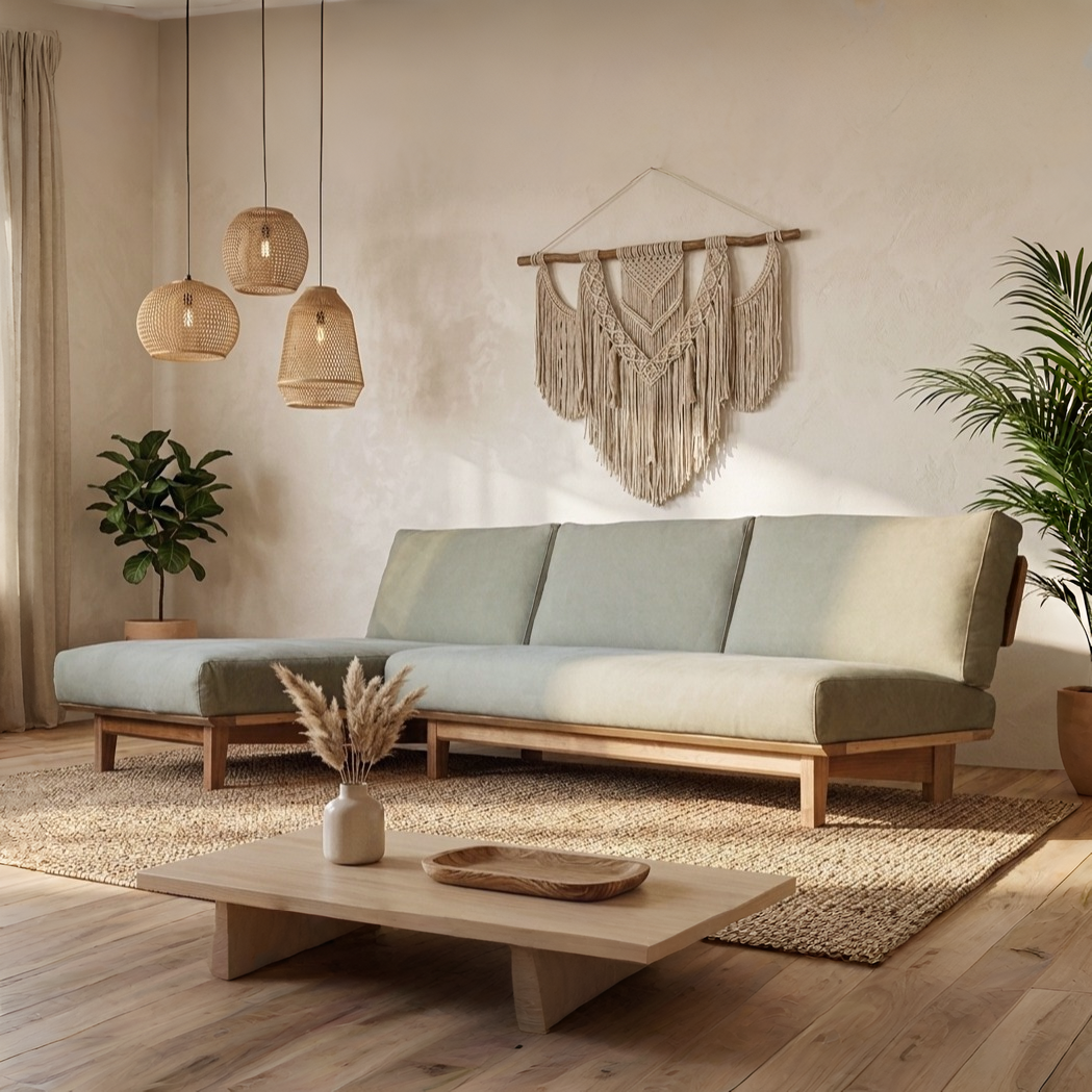 Arlo compact L shape sofa in teak wood with custom cushions