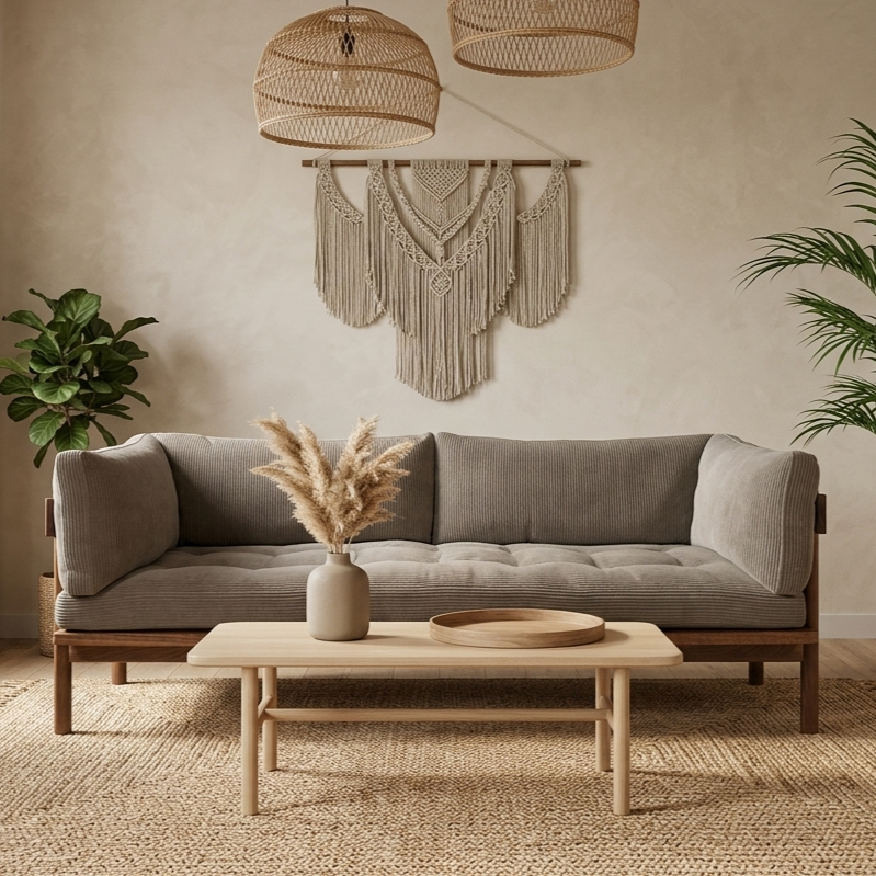 Elara aesthetic arm sofa in teak wood with custom fabric