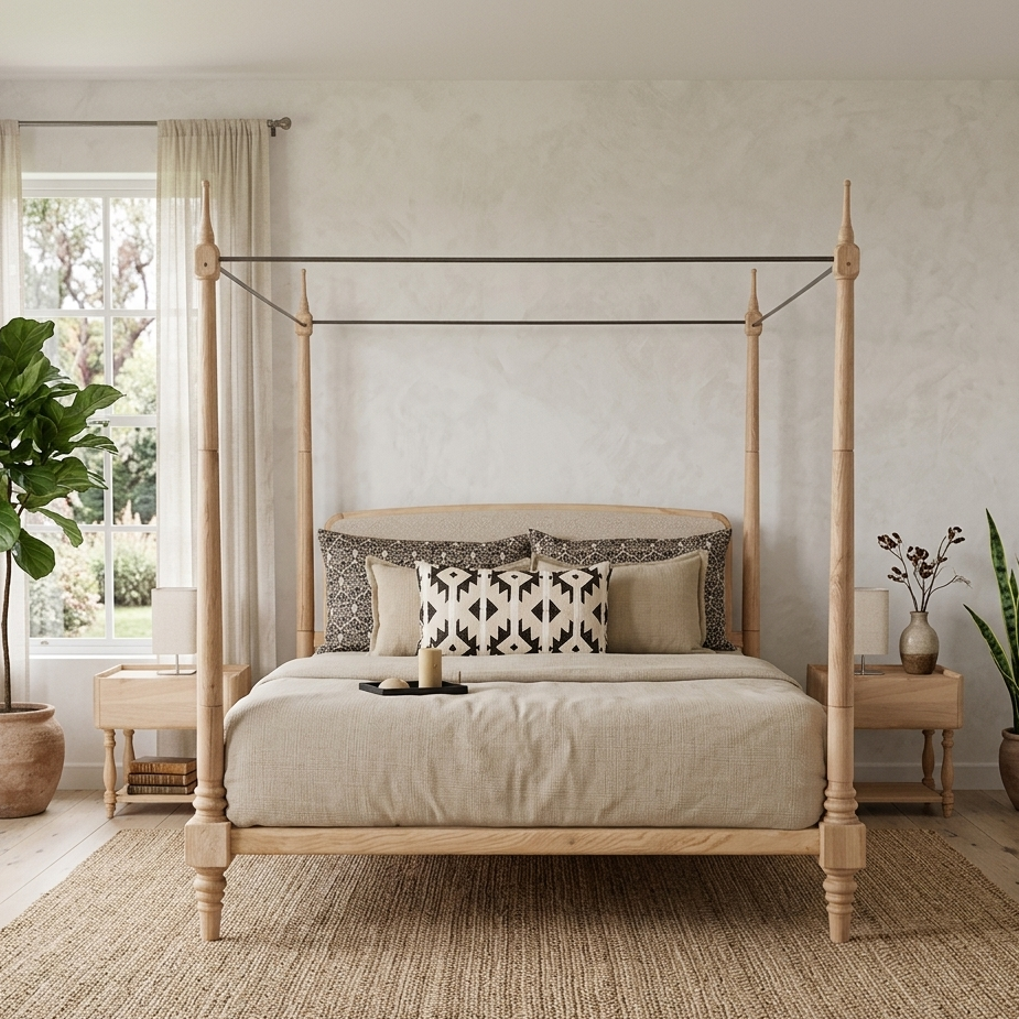 Beech king size bed in teak wood with natural finish and poles