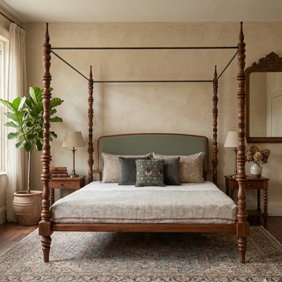 Queen size bed in teak wood with dark brown finish and poles