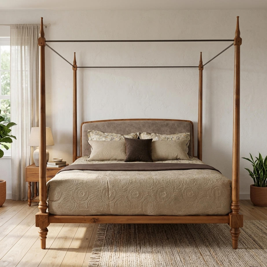 Wooden poster bed in teak wood with natural brown finish