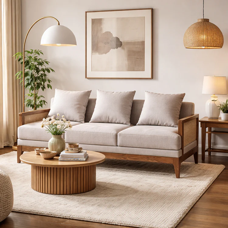 Rattan sofa 3 seater with light brown textured upholstery