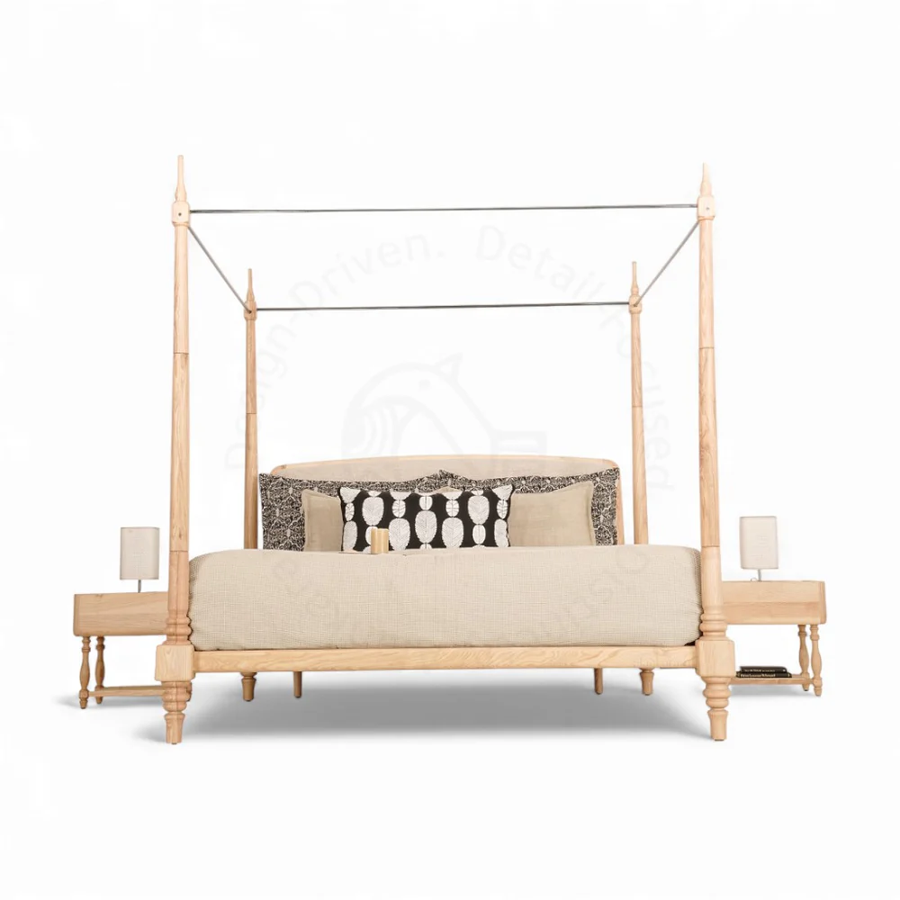 Beech king size bed in teak wood with natural finish and poles