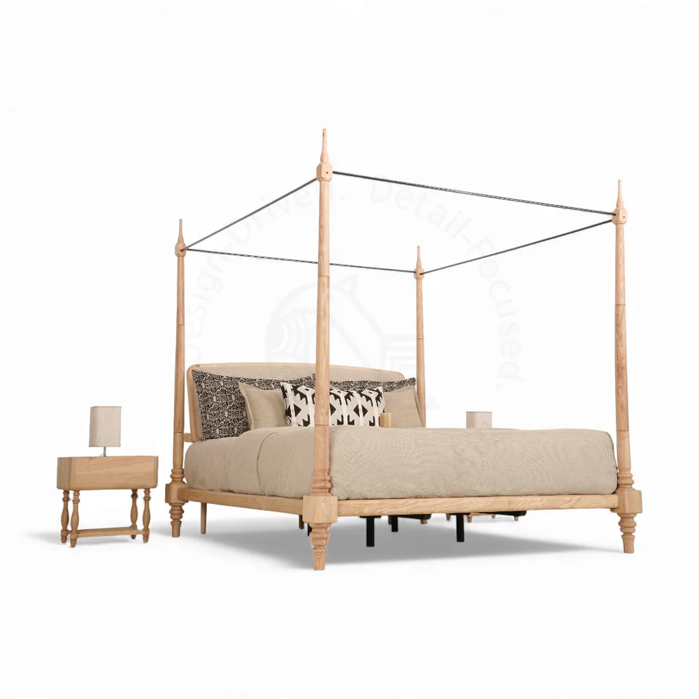 Beech king size bed in teak wood with natural finish and poles