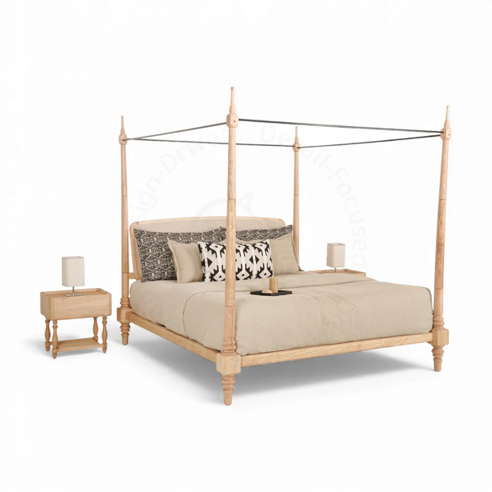 Beech king size bed in teak wood with natural finish and poles