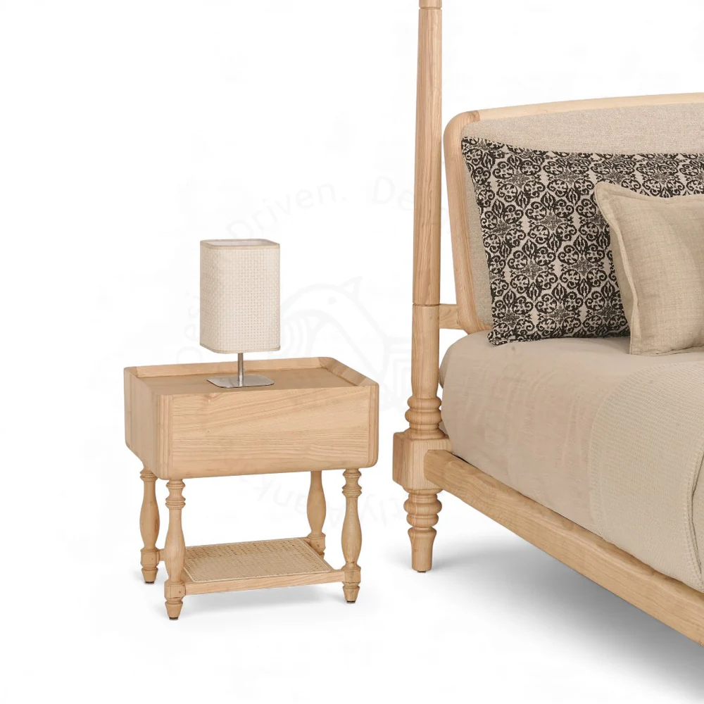 Beech king size bed in teak wood with natural finish and poles