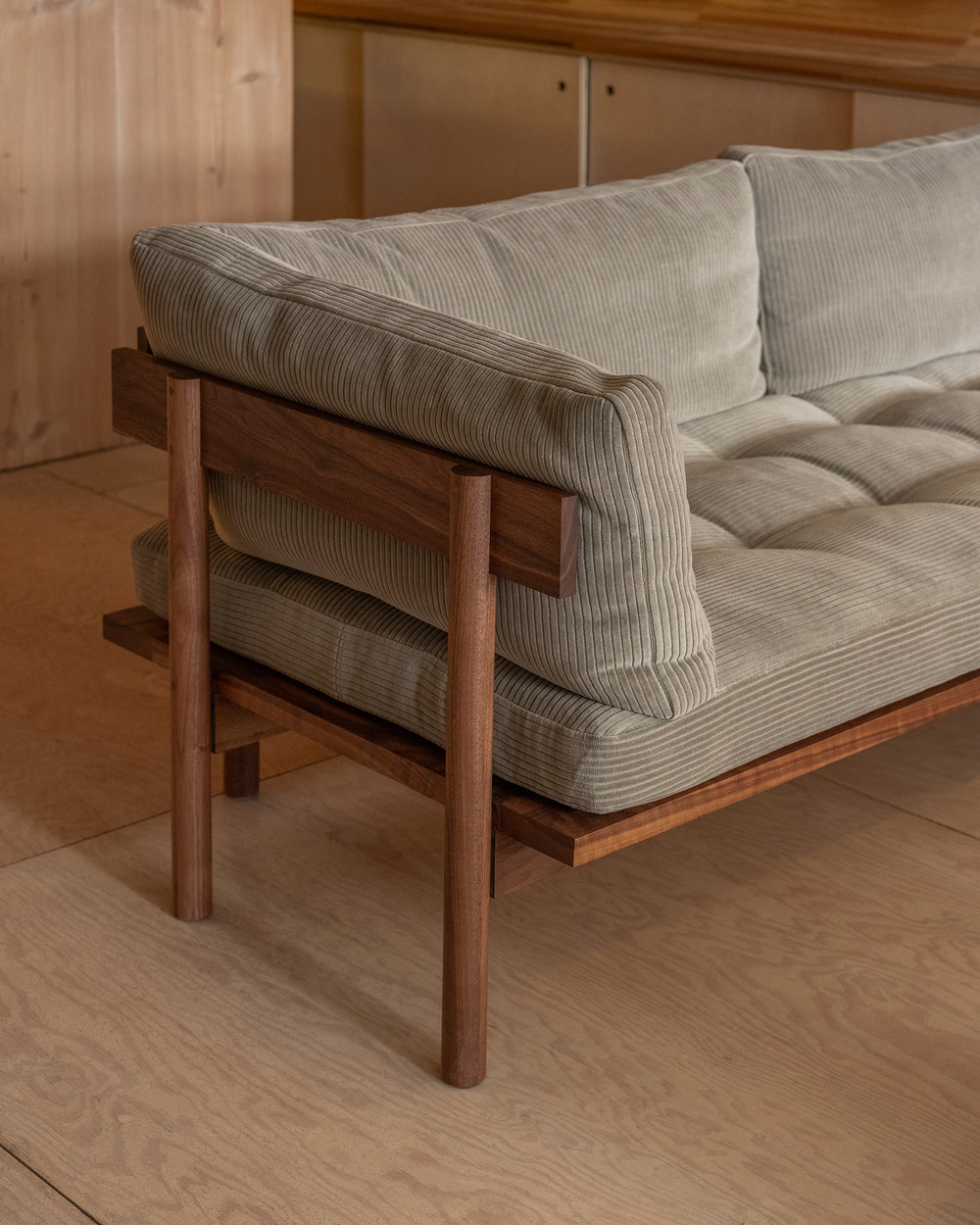 Elara aesthetic arm sofa in teak wood with custom fabric