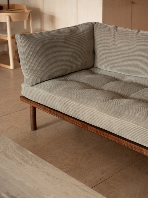Elara aesthetic arm sofa in teak wood with custom fabric