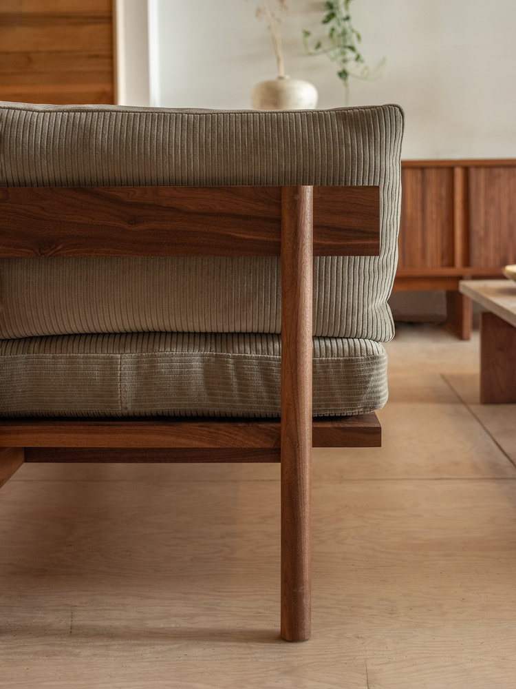 Elara aesthetic arm sofa in teak wood with custom fabric