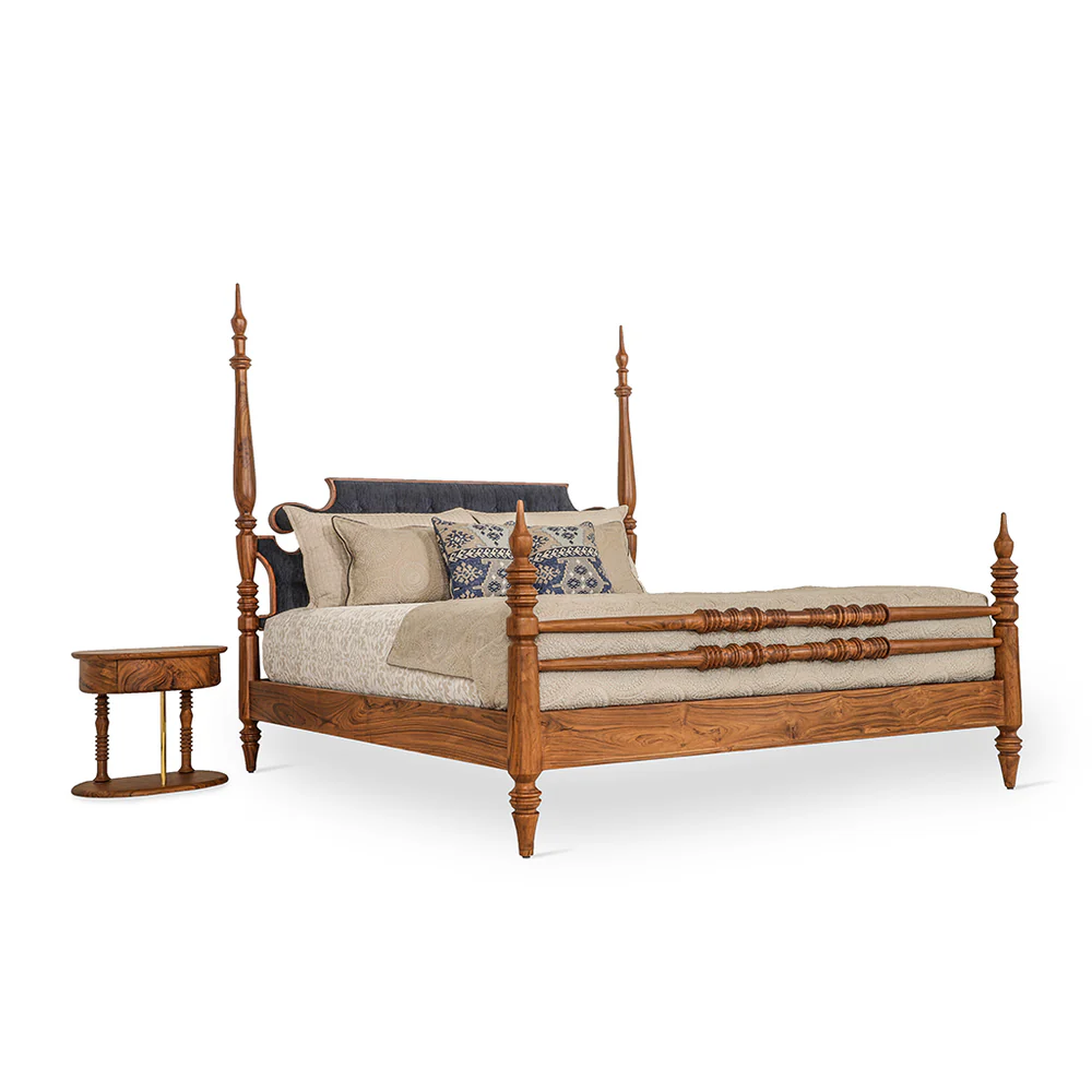 King size bed in teak wood with upholstered headboard