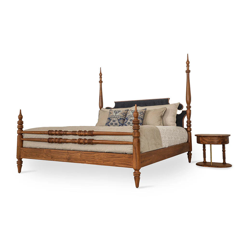 King size bed in teak wood with upholstered headboard
