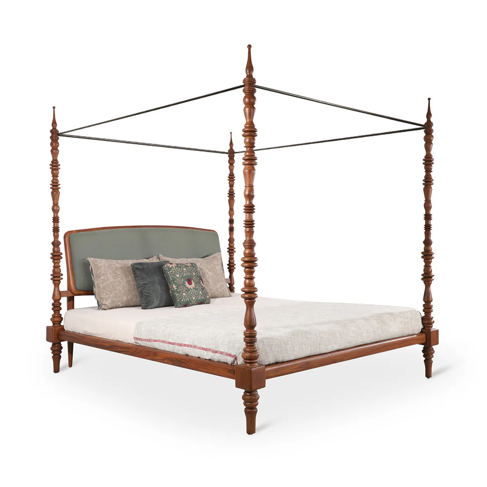 Queen size bed in teak wood with dark brown finish and poles