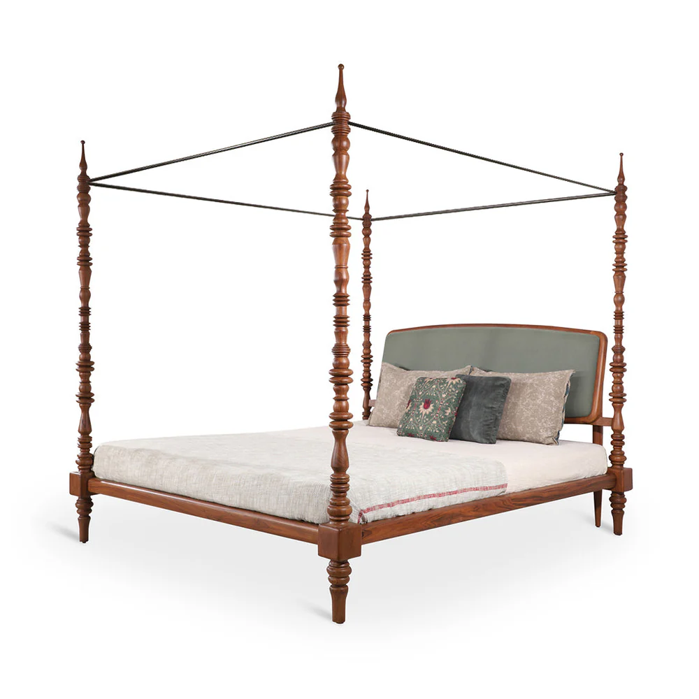 Queen size bed in teak wood with dark brown finish and poles