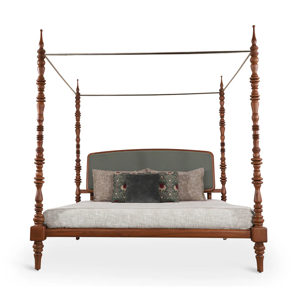 Queen size bed in teak wood with dark brown finish and poles