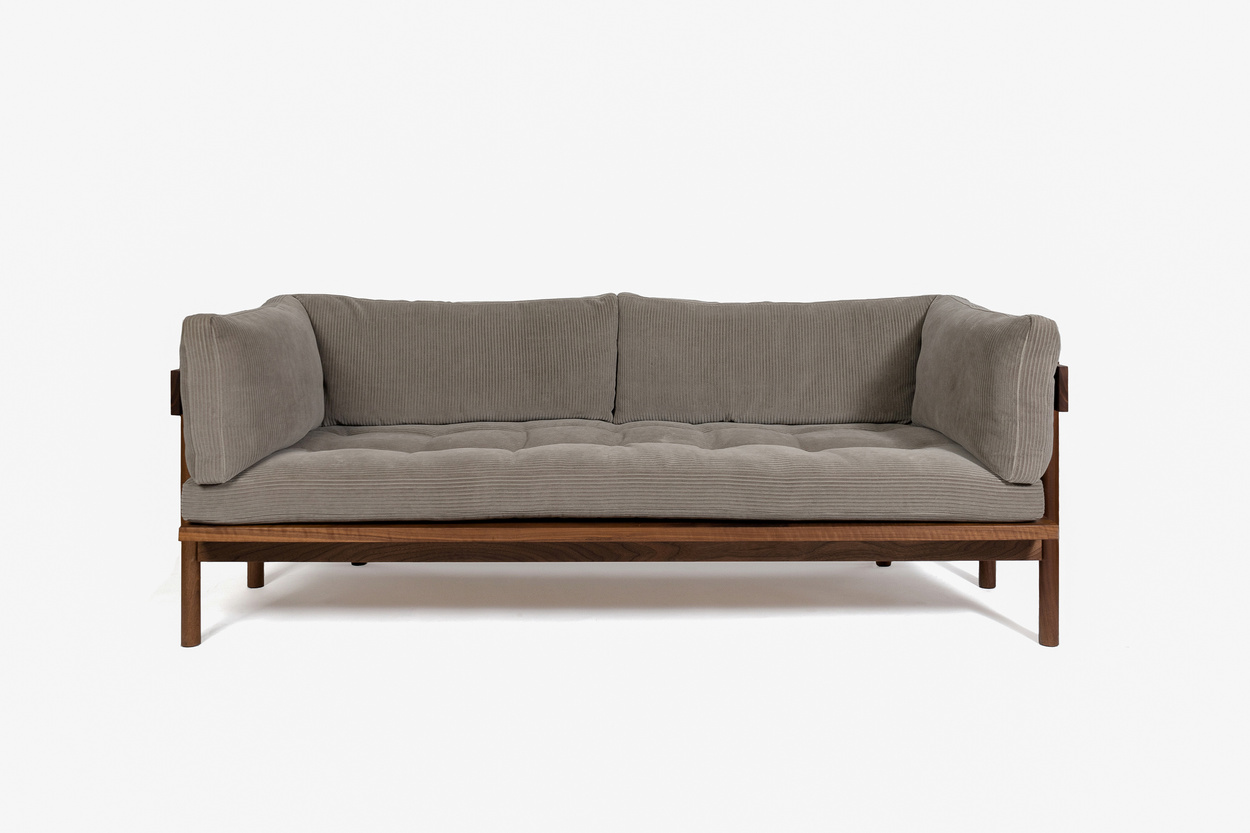 Elara aesthetic arm sofa in teak wood with custom fabric