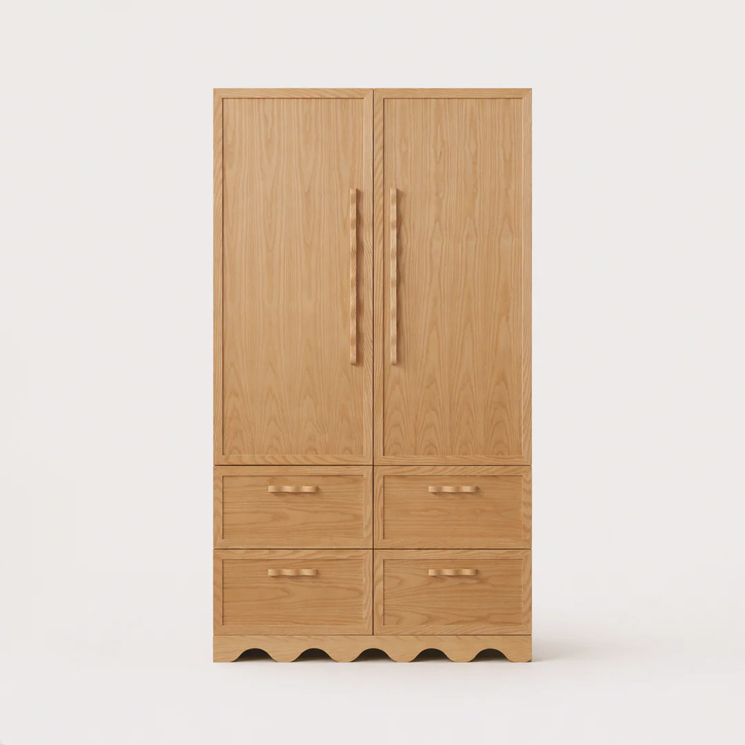 Minimalistic wardrobe in teak wood with natural finish