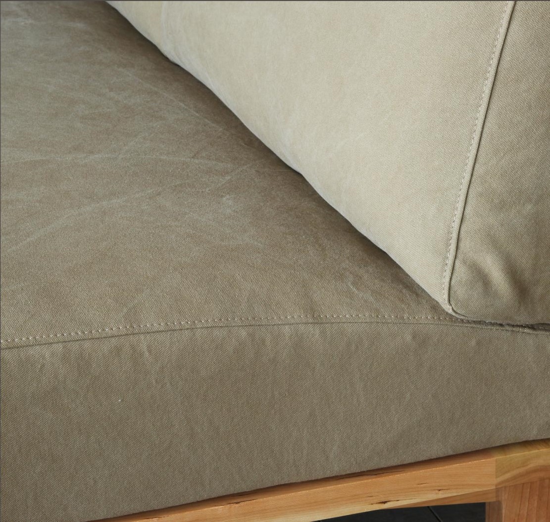 Arlo compact L shape sofa in teak wood with custom cushions