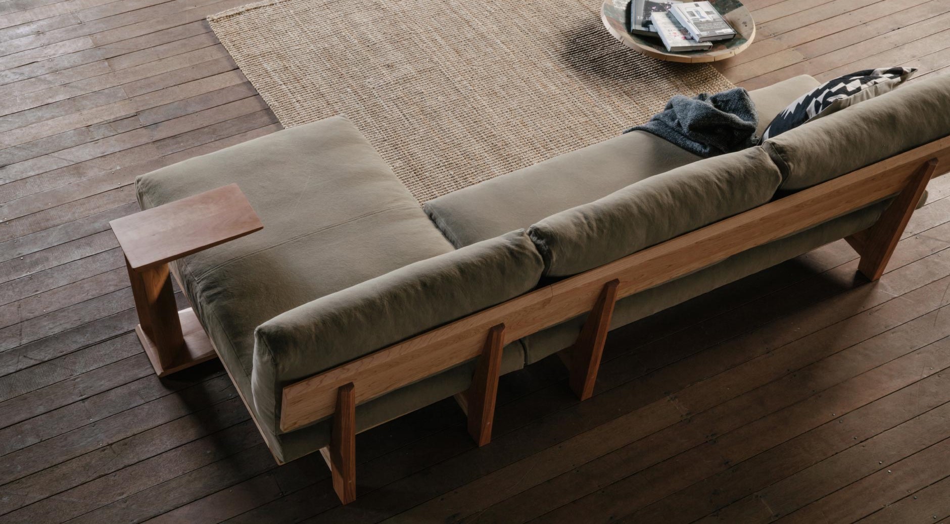 Arlo compact L shape sofa in teak wood with custom cushions