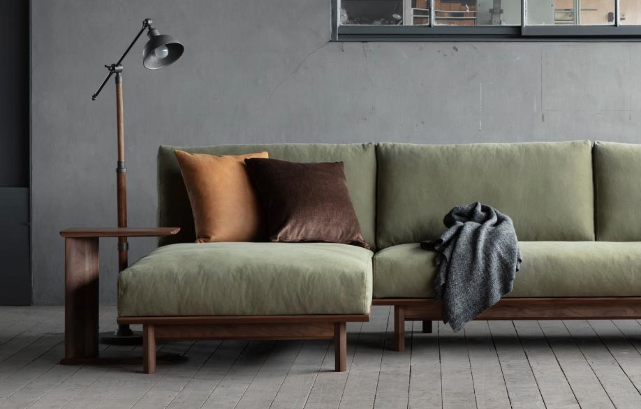 Arlo compact L shape sofa in teak wood with custom cushions