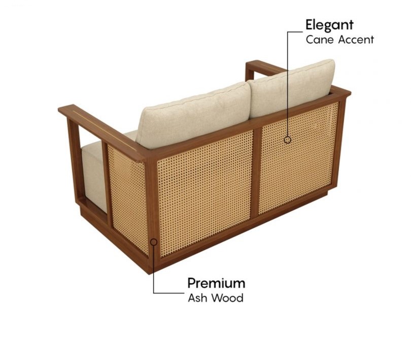 Wooden 2 seater sofa with cane accents in natural brown finish