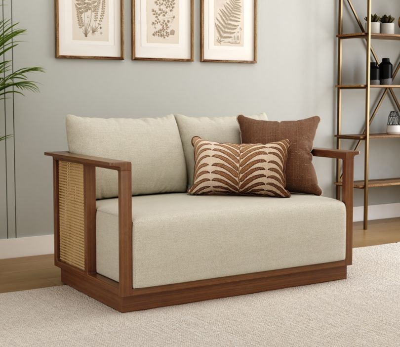 Wooden 2 seater sofa with cane accents in natural brown finish