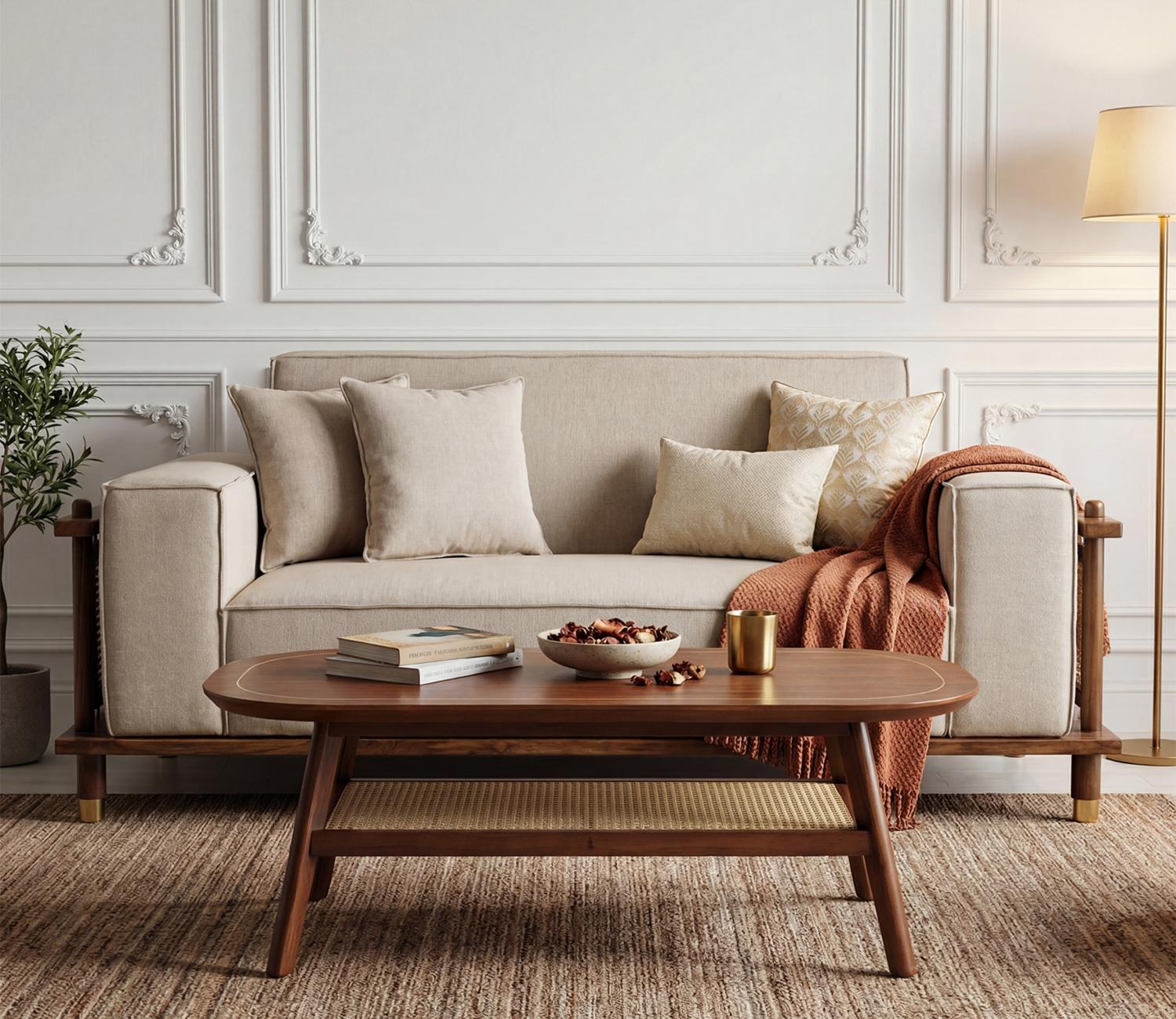 2 seater cane sofa in teak wood with natural brown finish