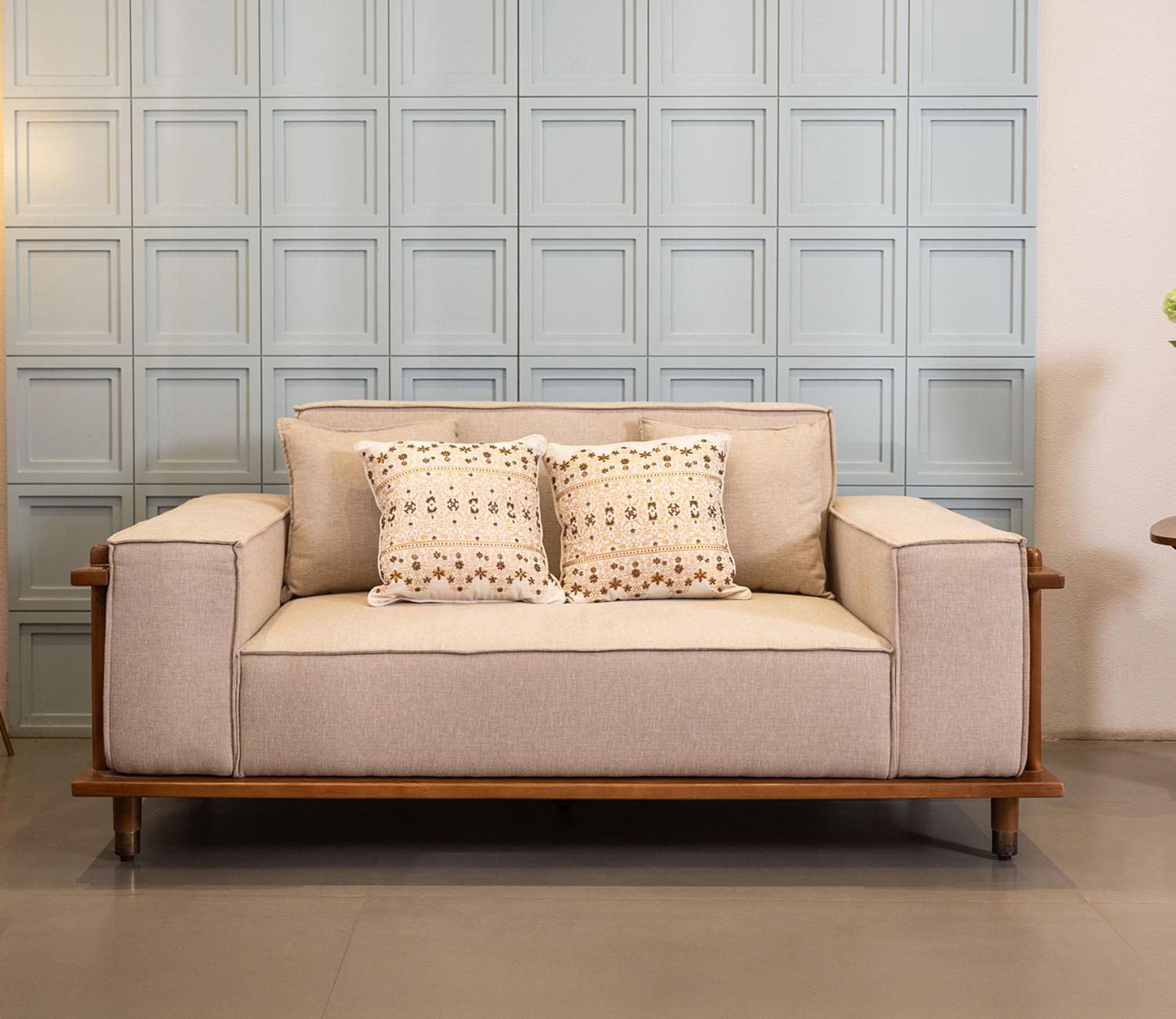 2 seater cane sofa in teak wood with natural brown finish