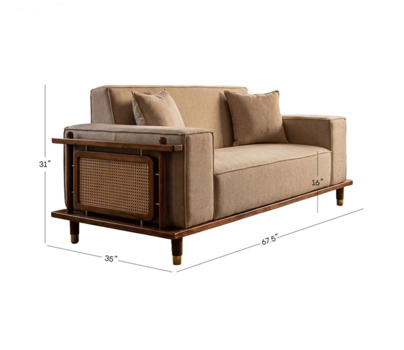 2 seater cane sofa in teak wood with natural brown finish