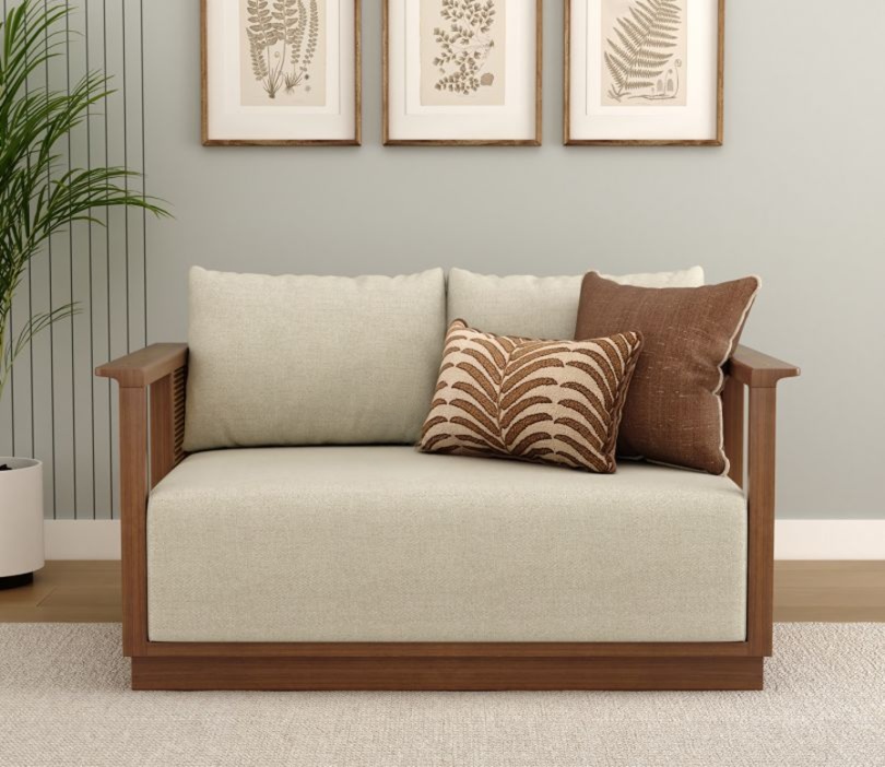 Wooden 2 seater sofa with cane accents in natural brown finish