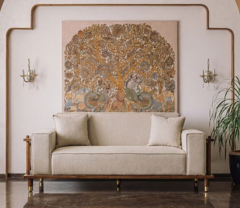 2 seater cane sofa in teak wood with natural brown finish