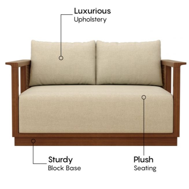 Wooden 2 seater sofa with cane accents in natural brown finish