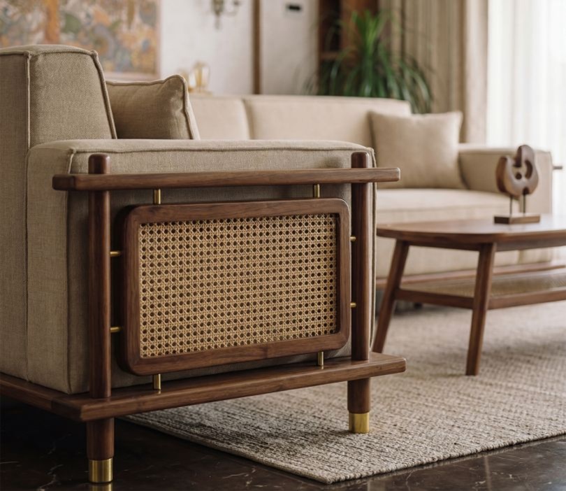 2 seater cane sofa in teak wood with natural brown finish