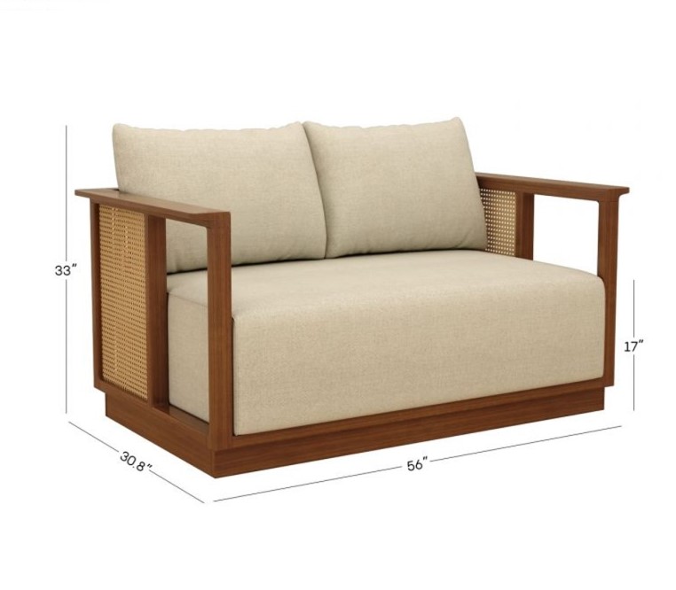 Wooden 2 seater sofa with cane accents in natural brown finish