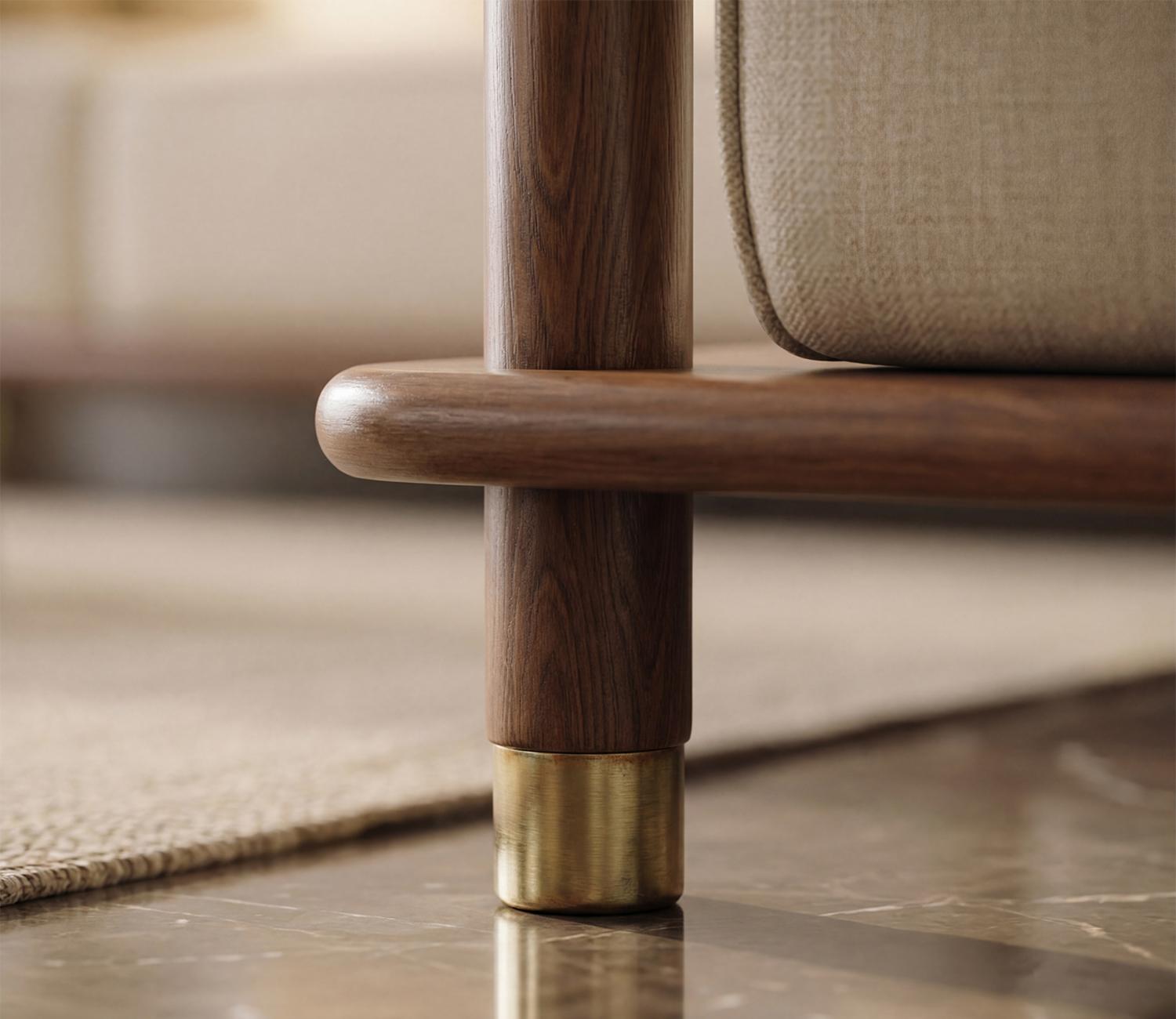 2 seater cane sofa in teak wood with natural brown finish