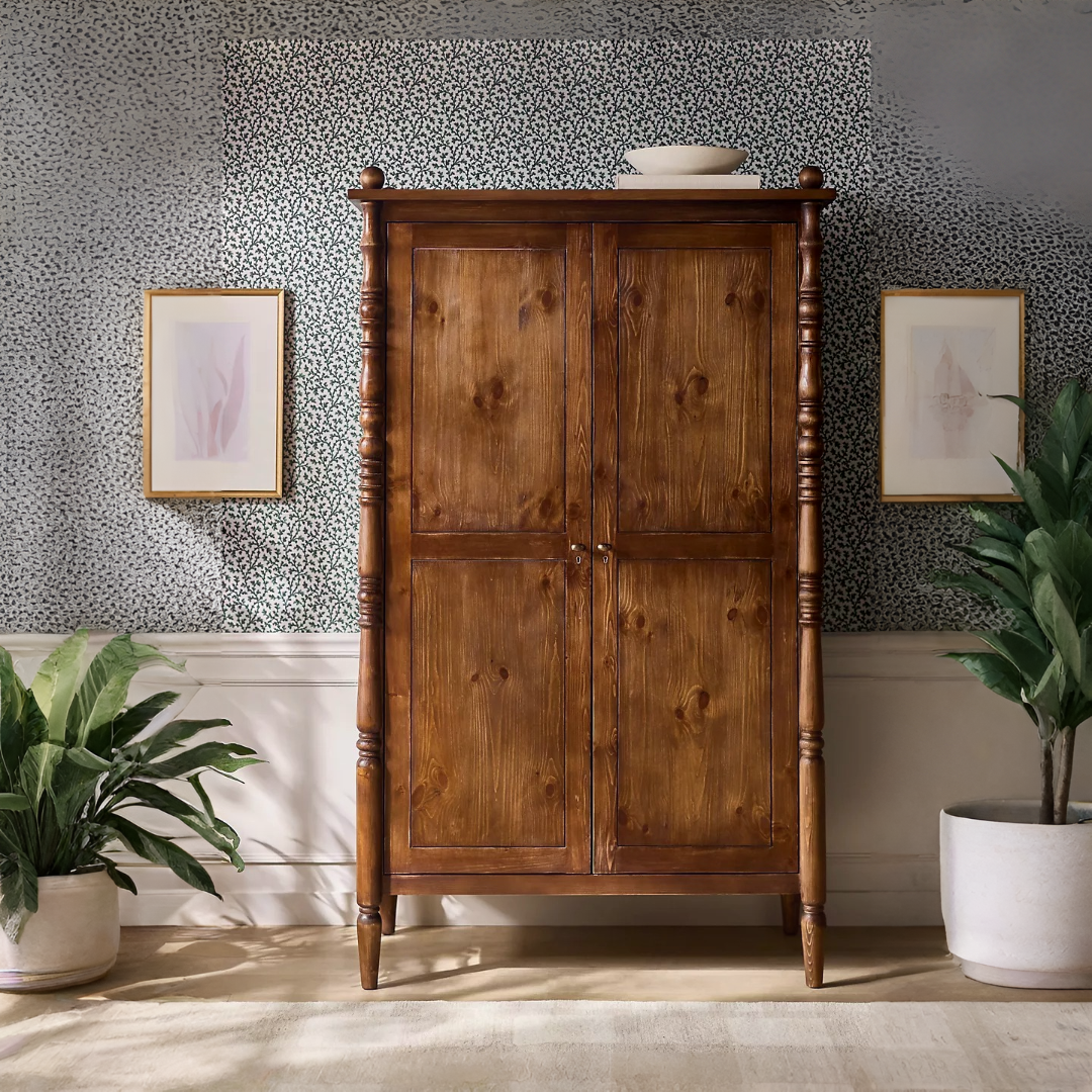 Traditional wardrobe in teak wood with natural brown finish