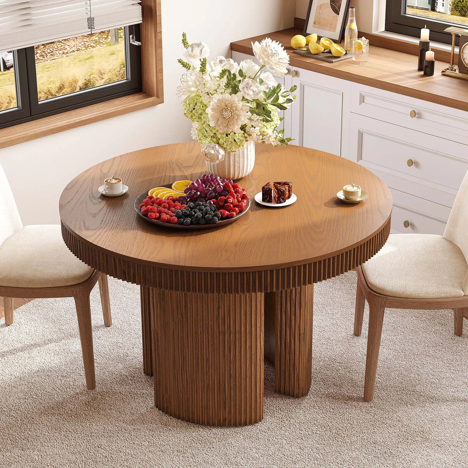 Teak wood dining table in natural brown finish