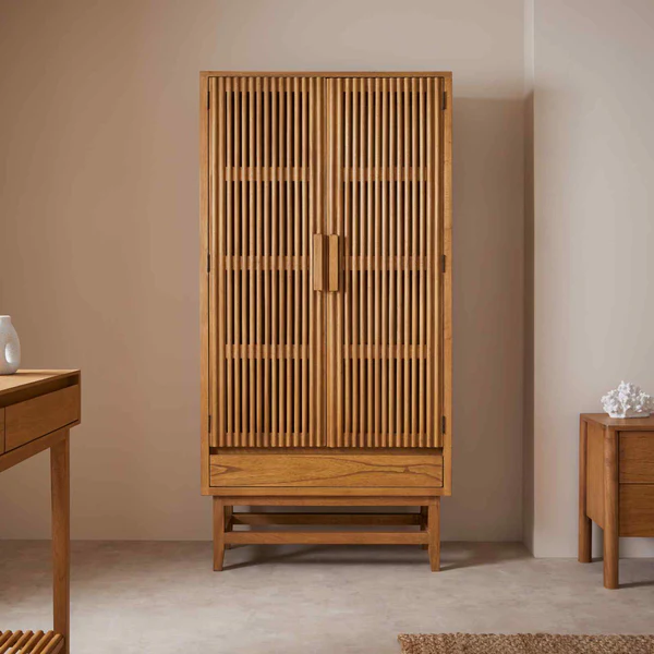 Wardrobe with drawer in teak wood with natural finish