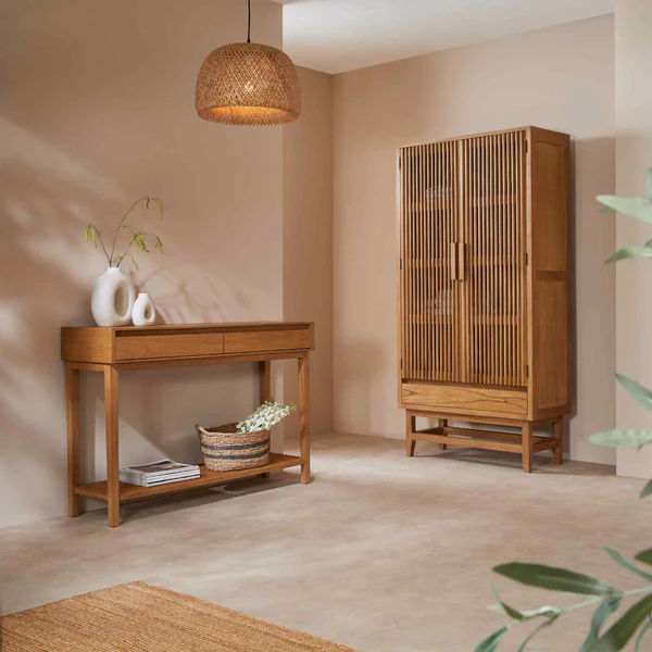 Wardrobe with drawer in teak wood with natural finish