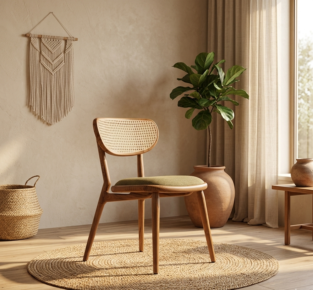 Cane dining chair in teak wood with natural brown finish