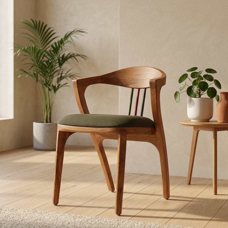 Dining chair in teak wood with cotton canvas upholstery