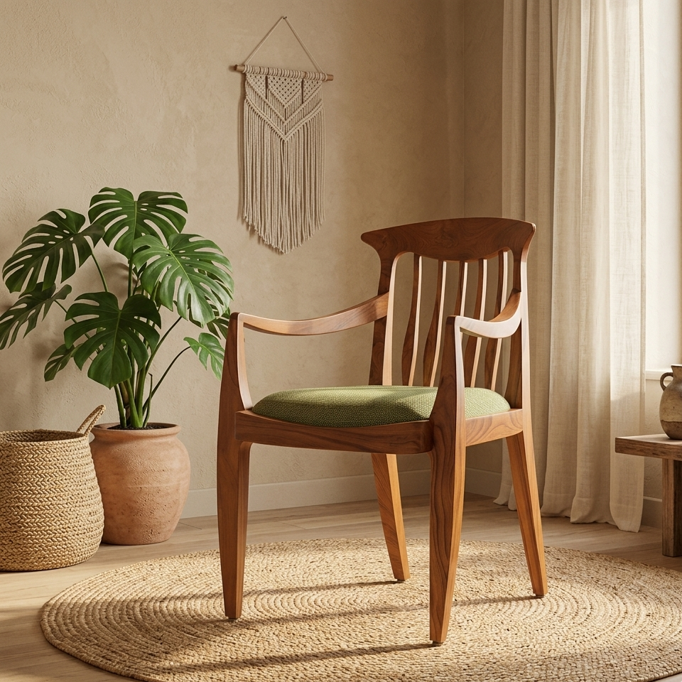 Vintage dining chair in teak wood with fabric upholstery