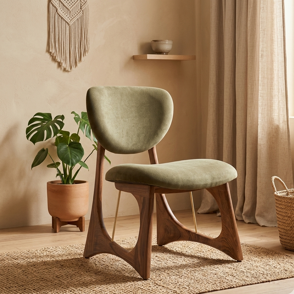 Modern dining chair in teak wood with cotton canvas upholstery