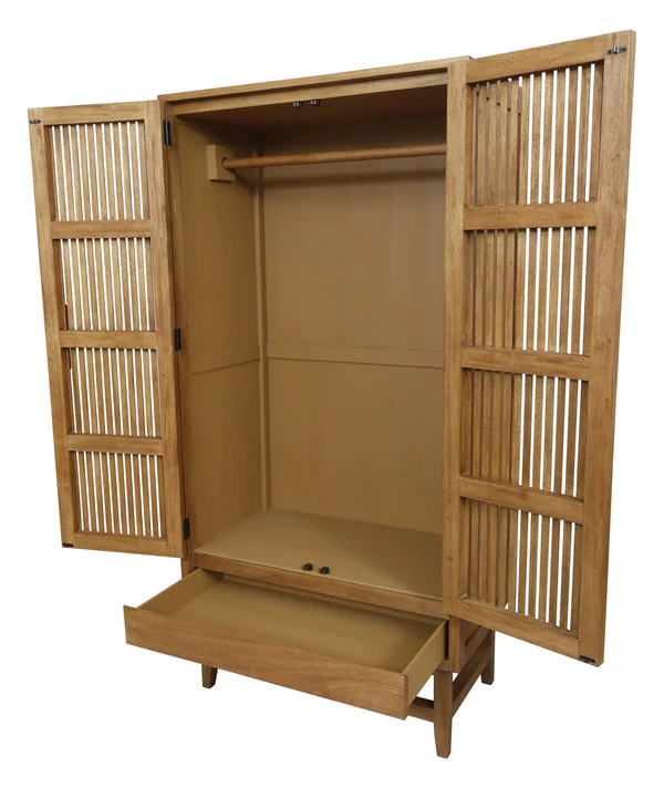 Wardrobe with drawer in teak wood with natural finish