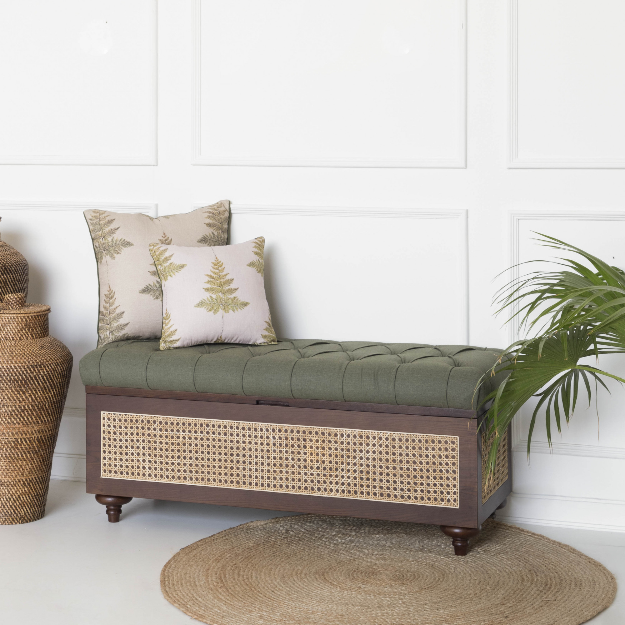 Rattan storage bench in teak wood with natural brown finish