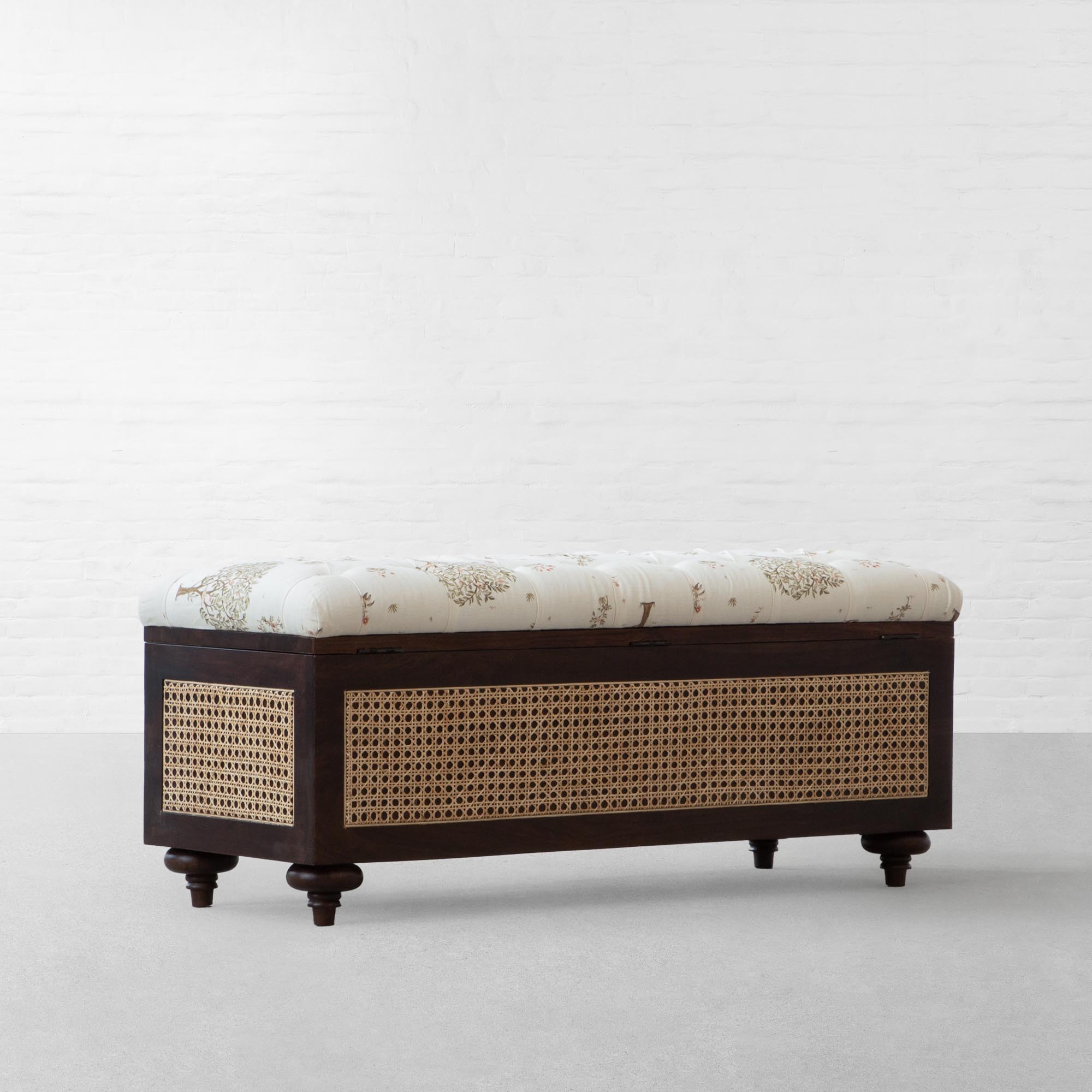Rattan storage bench in teak wood with natural brown finish