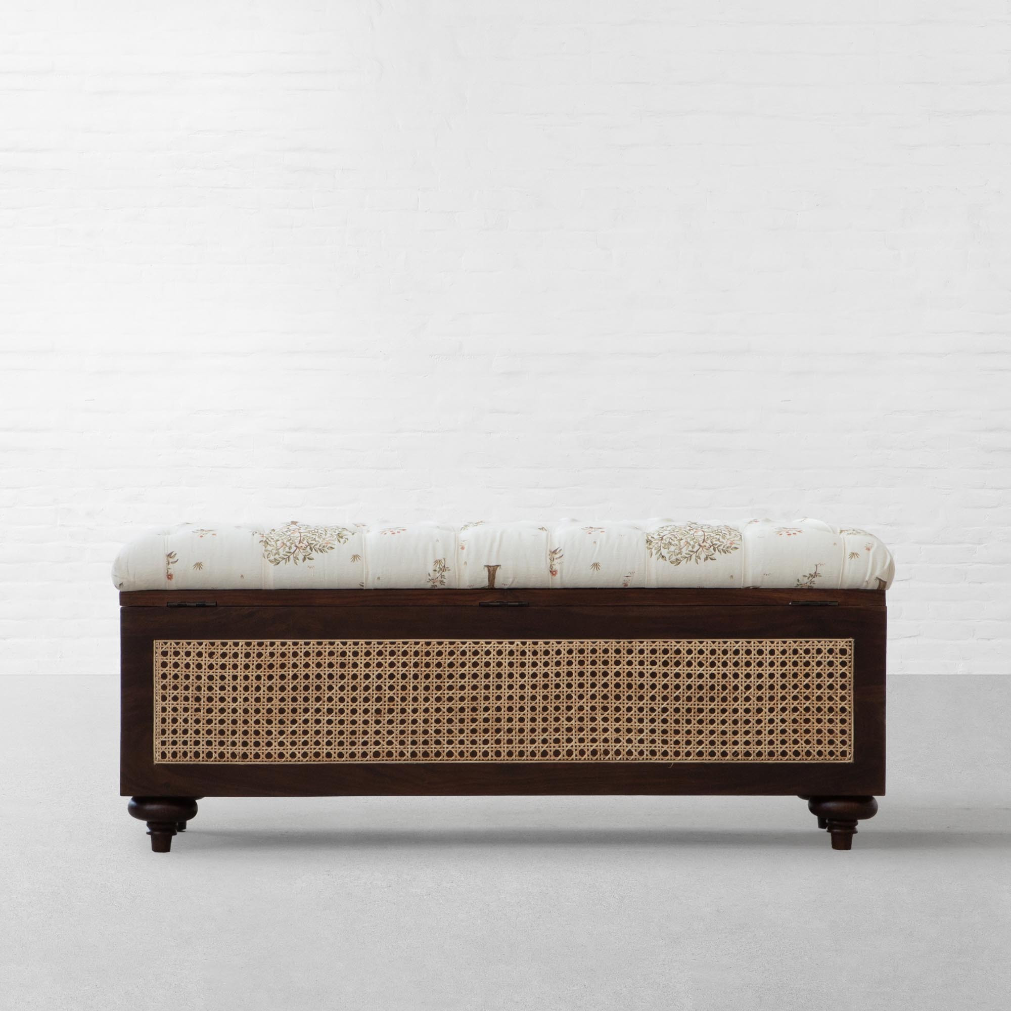 Rattan storage bench in teak wood with natural brown finish