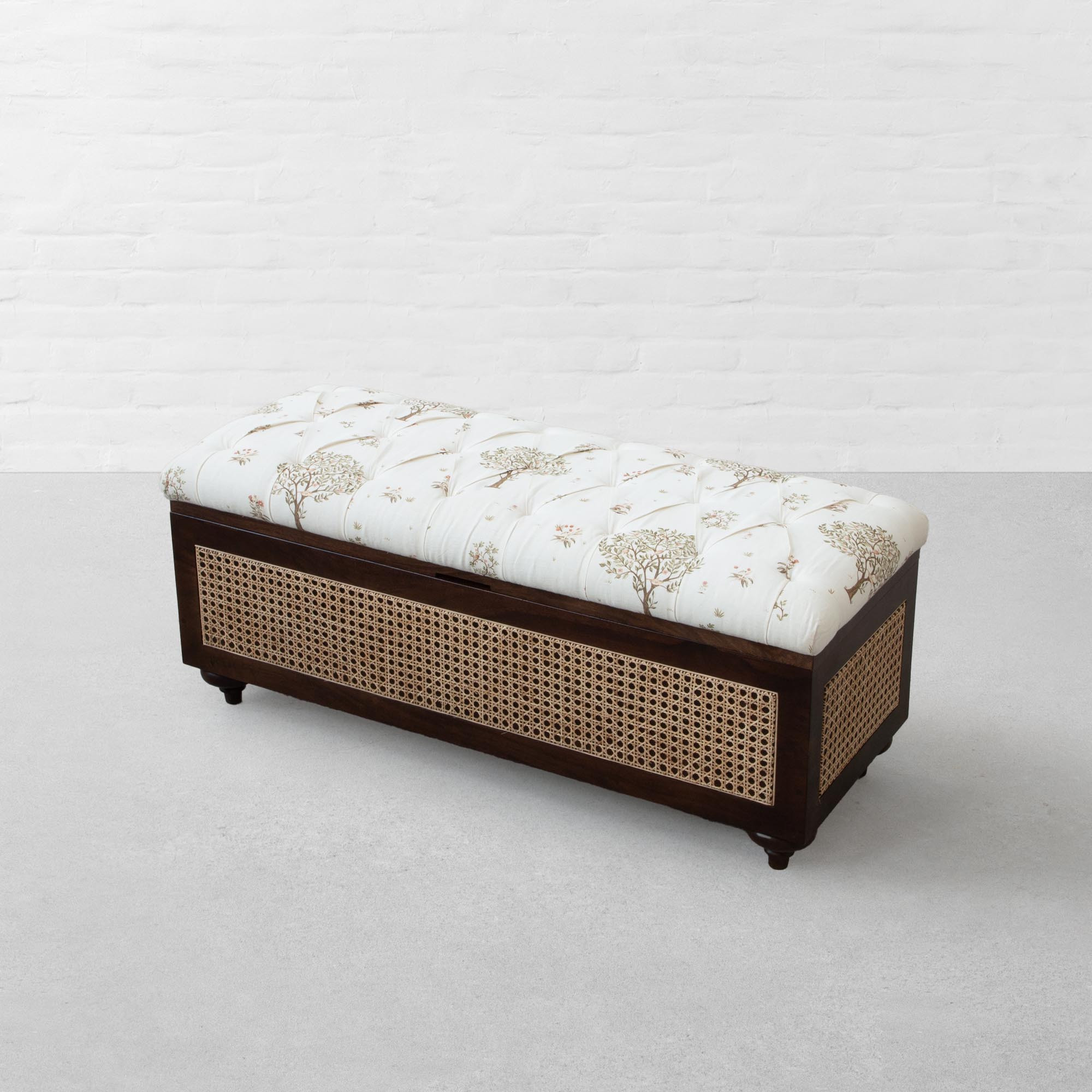 Rattan storage bench in teak wood with natural brown finish