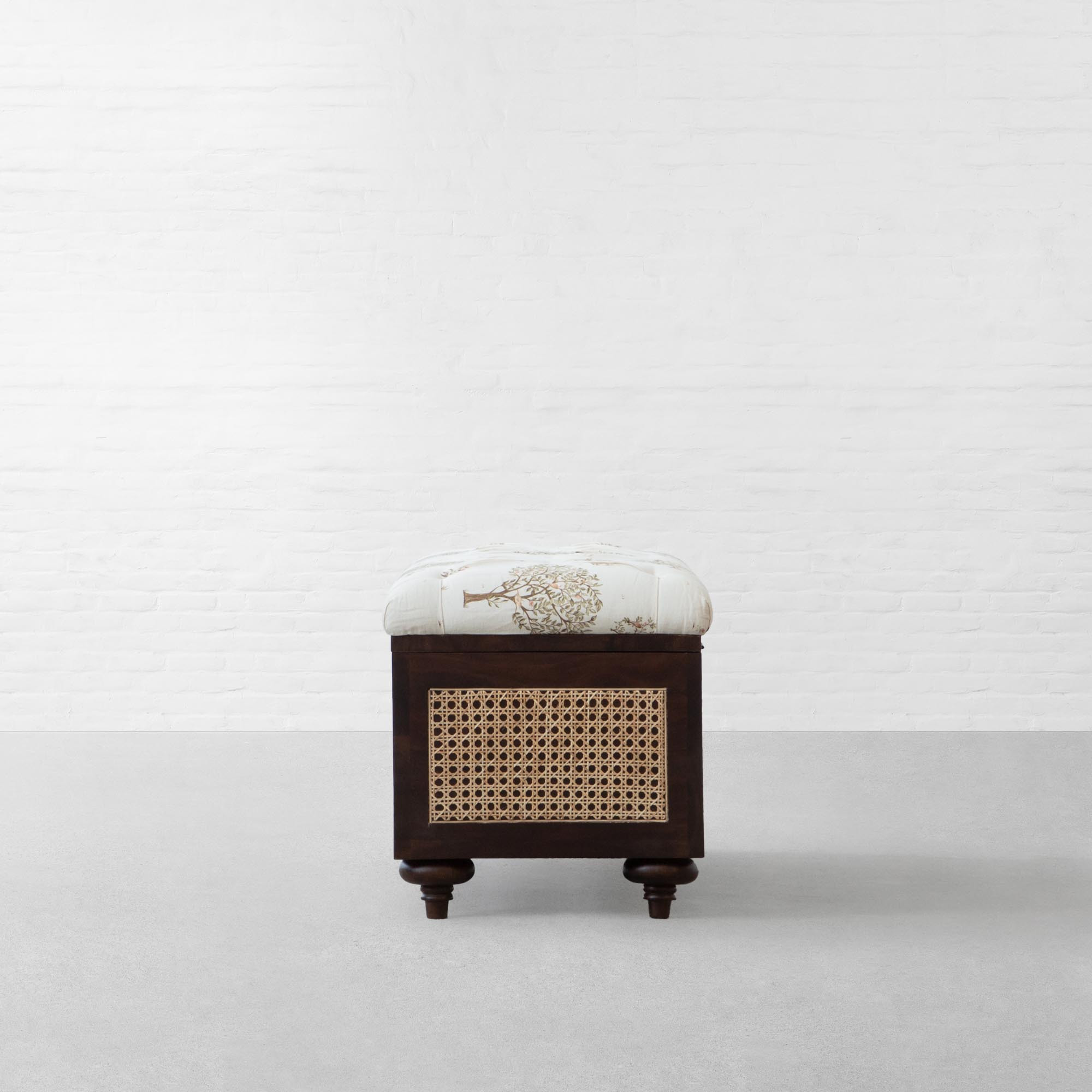 Rattan storage bench in teak wood with natural brown finish
