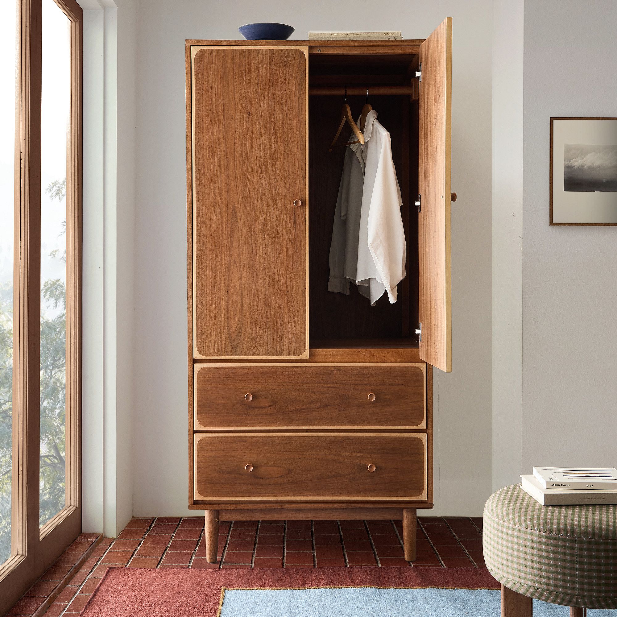 Two-tone wooden wardrobe in teak wood with walnut veneer