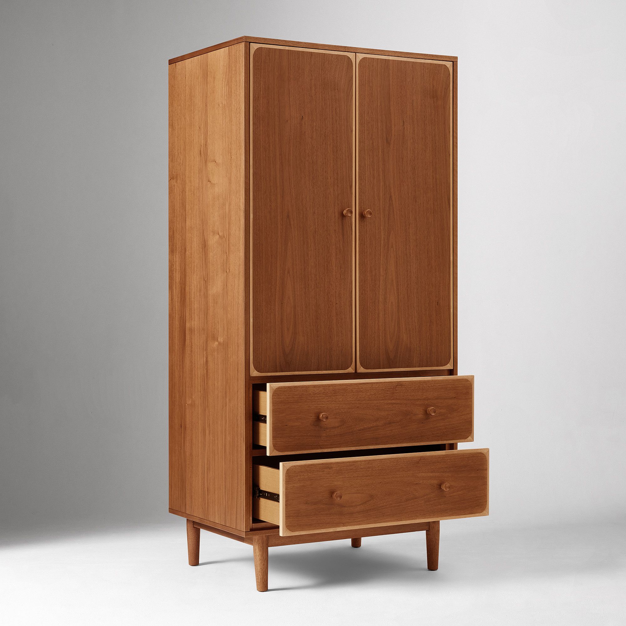Two-tone wooden wardrobe in teak wood with walnut veneer